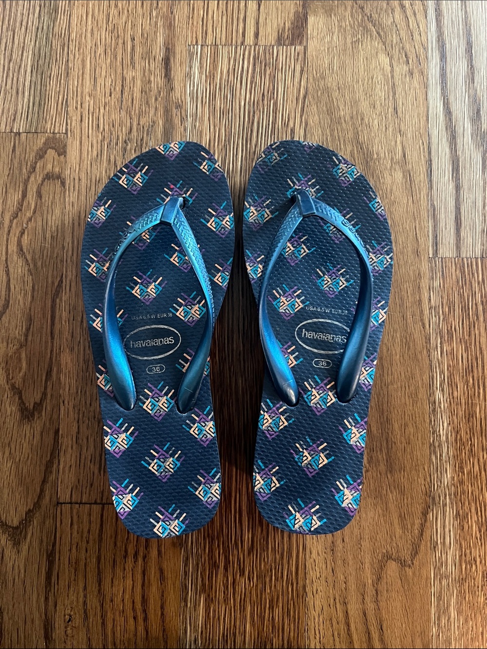 Havaianas Navy Flip Flops with Teal Metallic Straps and Multicolor Print